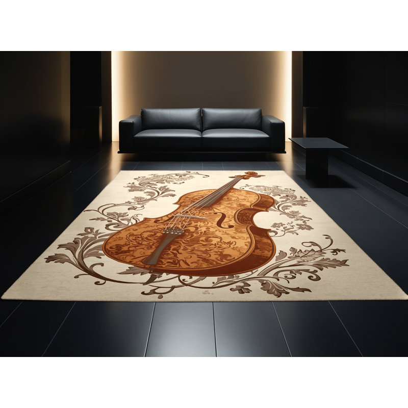 Machine Washable Orfelinda Cello Classic Damask Rug in Beige – Beige Binding, 8x10