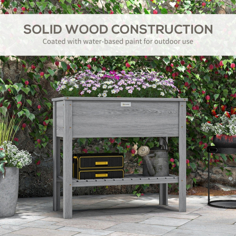 Wooden Raised Garden Bed, Elevated Planter Box with Legs, Storage Shelf and Drainage Holes, Grey