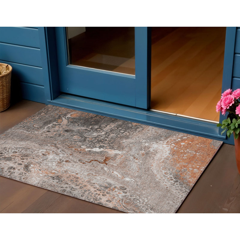 3' X 5' Terra Cotta Copper And Gray Abstract Washable Indoor Outdoor Area Rug
