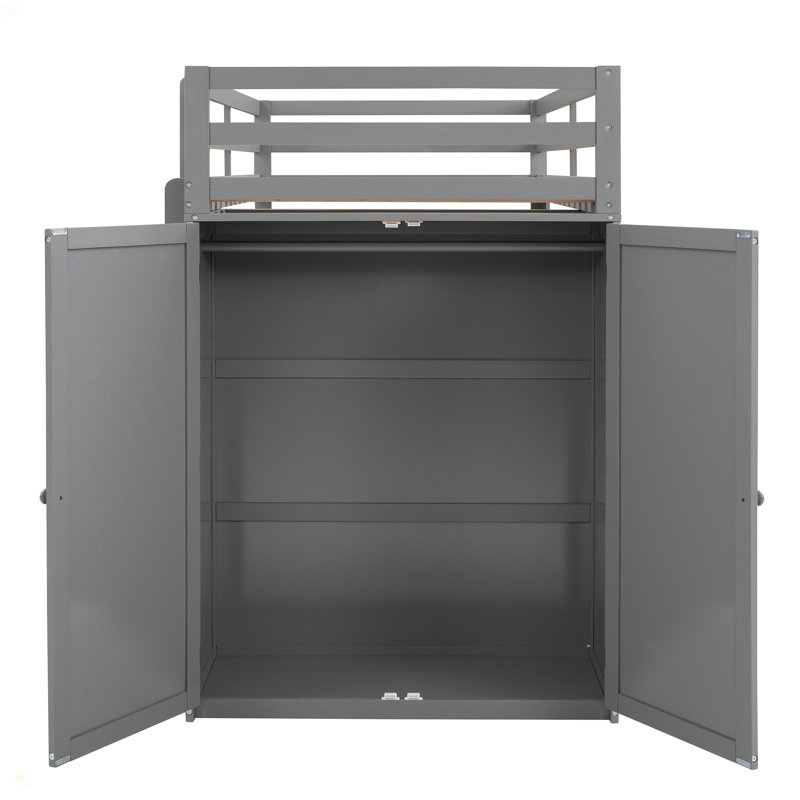 Lit mezzanine avec tiroirs, bureau et garde-robe, Gris, Lit simple