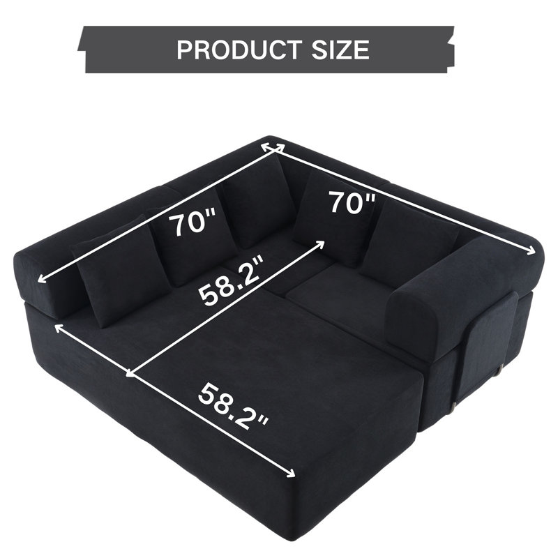 Canapé-lit modulaire 3-en-1 de 106 po, canapé convertible en L avec méridienne et coussins, Velours noir