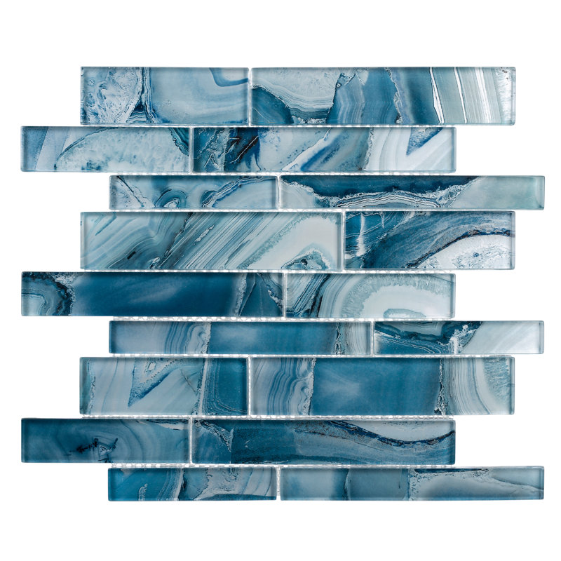 Myst Brick Joint Agate Inspired Polished Glass Wall Mosaic Tile, Lake