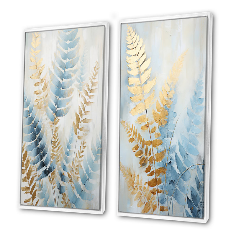 Ensemble de 2 décorations murales bleues et dorées, Cadre blanc, H 32 po x l 33 po
