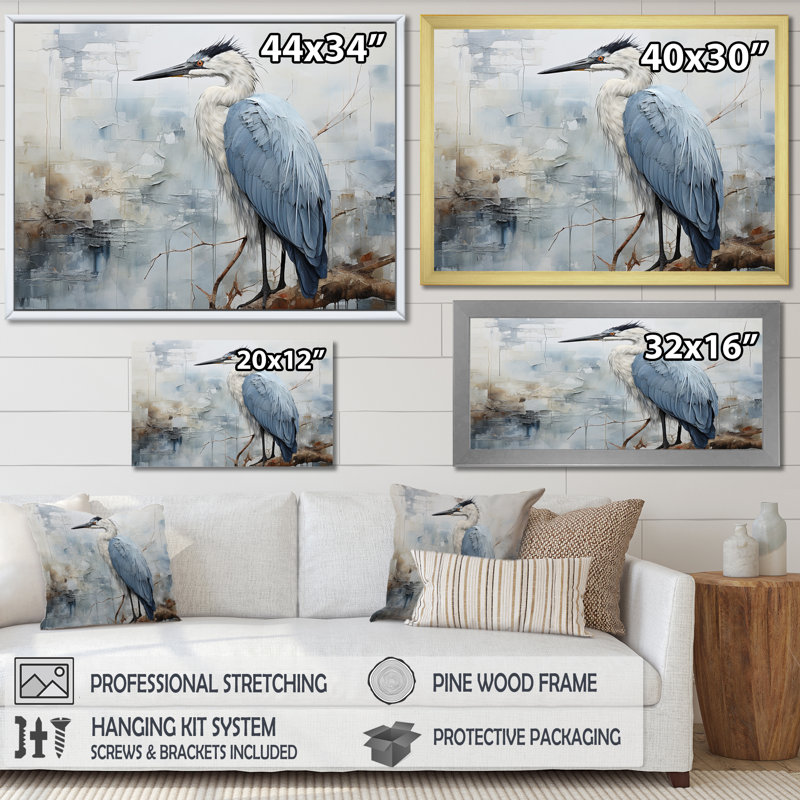 «Blue Great Heron In Miminal Harmony I», art mural héron, H 34 po x l 44 po x P 1,5 po, Toile tendue