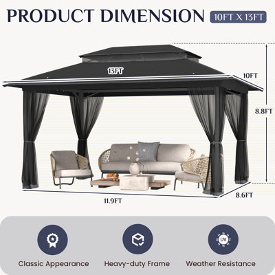 10×13 Ft Outdoor Gazebo with Mosquito Netting – Double-Roof Metal Canopy for Patio, Backyard, Garden, Deck & Lawn, Heavy-Duty Frame, Grey