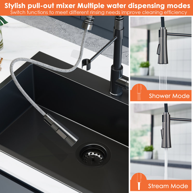 33" Gunmetal Black Topmount Kitchen Sink, 16 Gauge Stainless Steel Single Bowl Kitchen Sink W/ Kitchen Faucet