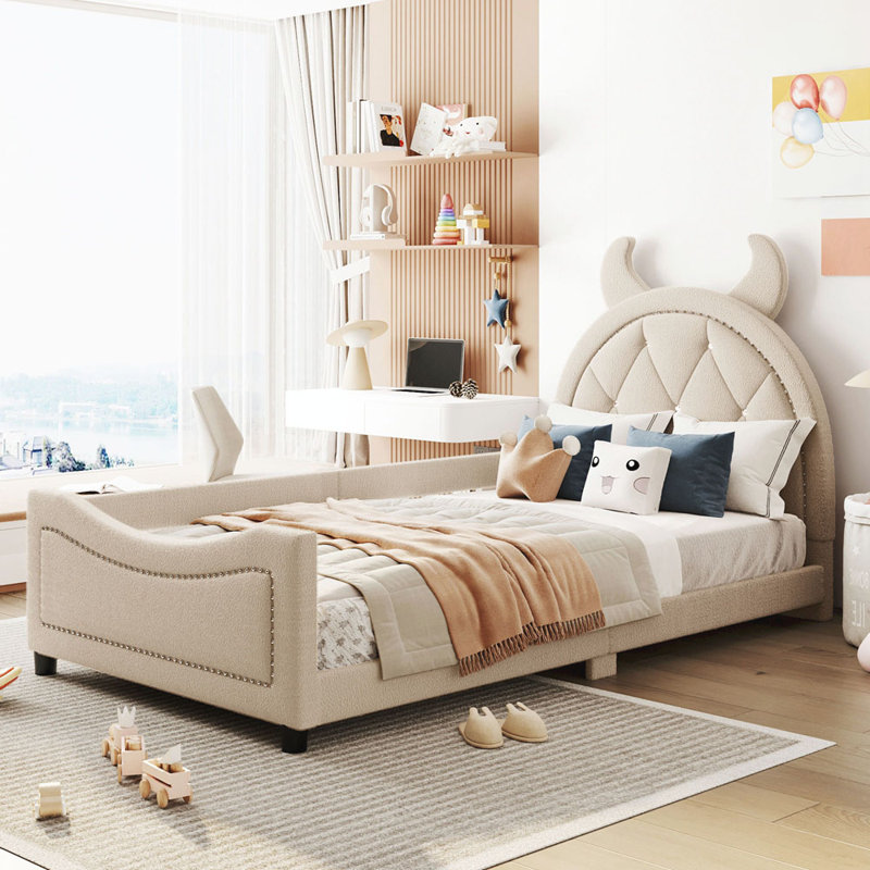Olear Kids Upholstered Daybed with Rabbit Ear Shaped Headboard,, Beige Teddy