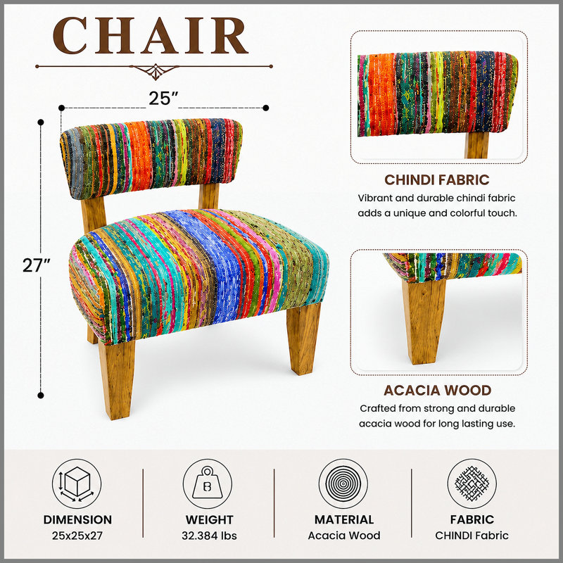 Chaise d'appoint rembourrée en bois, structure en bois d'acacia massif de 25 x 25 x 27 po, chaise longue Boho à coussin en coton tissé à la main multicolore pour le salon