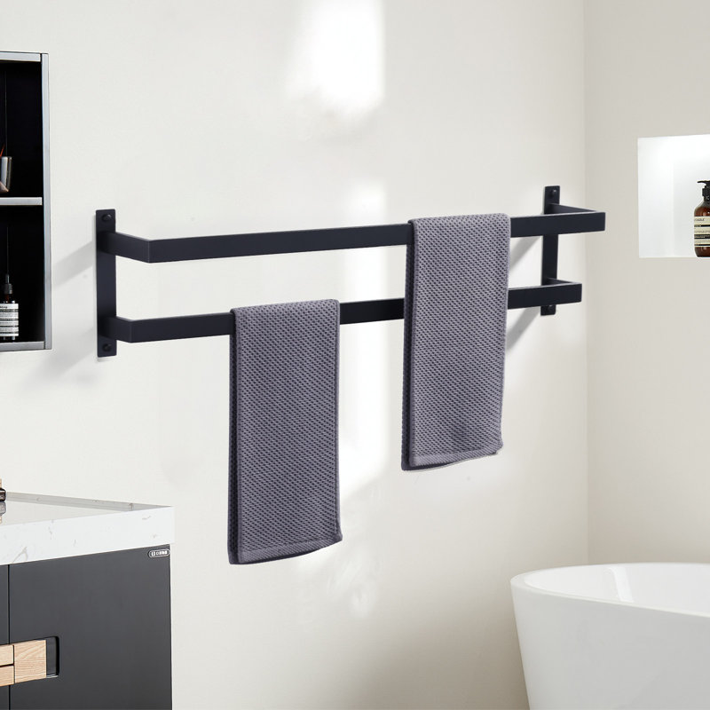 Porte-serviettes carré à 2 niveaux en acier inoxydable avec quincaillerie de fixation dissimulée, Noir mat