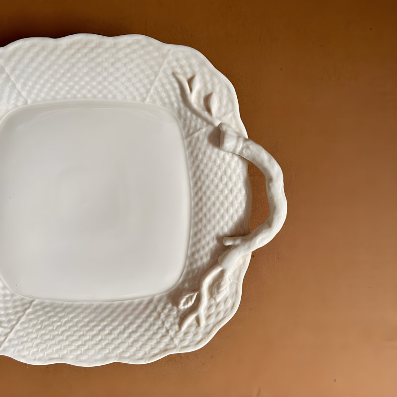 Embossed Double Ear Ceramic Tray | Tall Dim Sum Fruit Tray | Tea Tray | Elegant Home Decoration