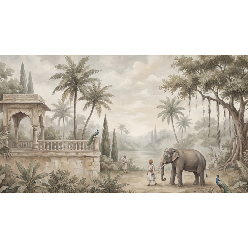 Papier peint rétro avec éléphant tropical, 100 po x 96 po, Non-Woven Nonpasted