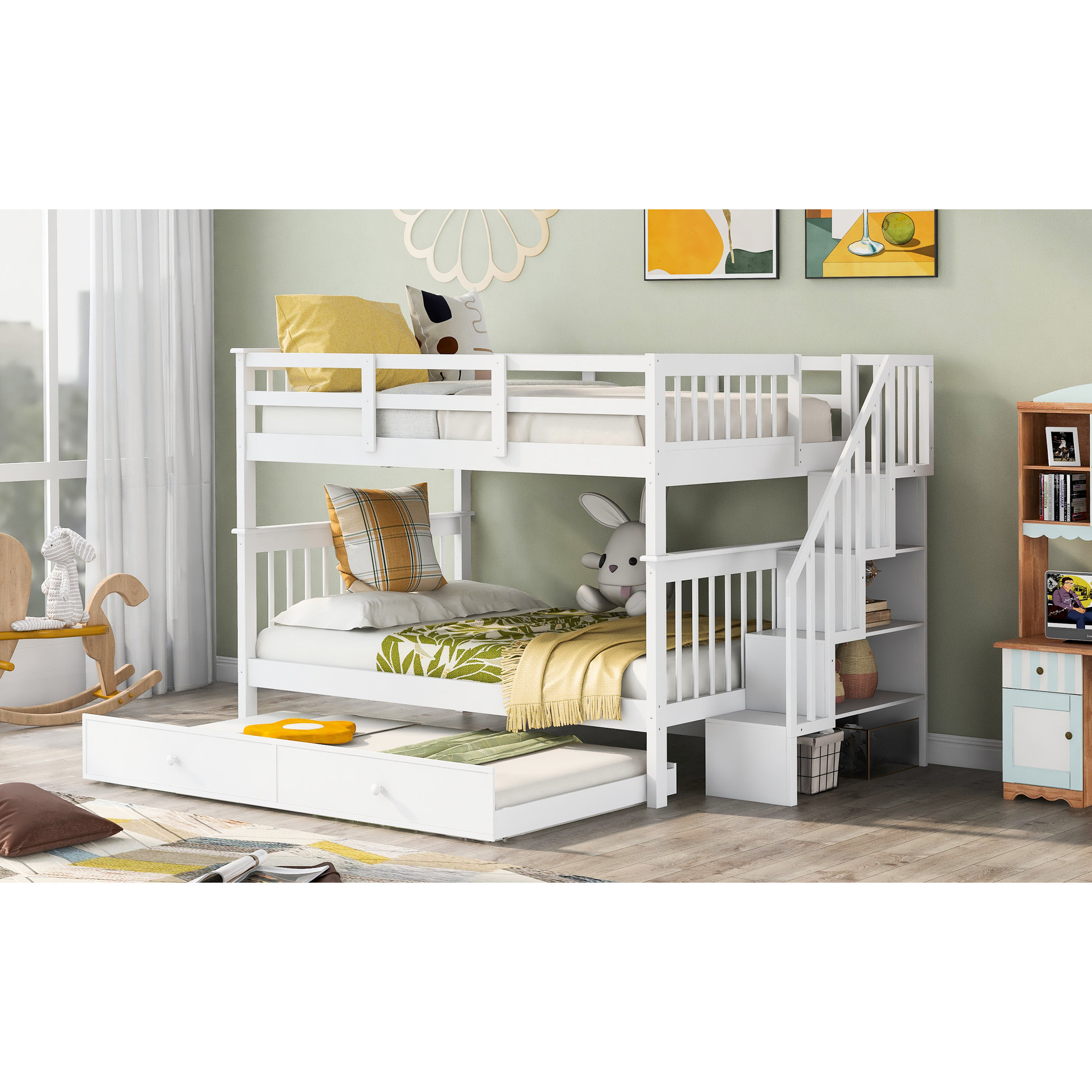 Latitude Run® Full Over Stairway Bunk Bed With Twin Trundle And Storage ...