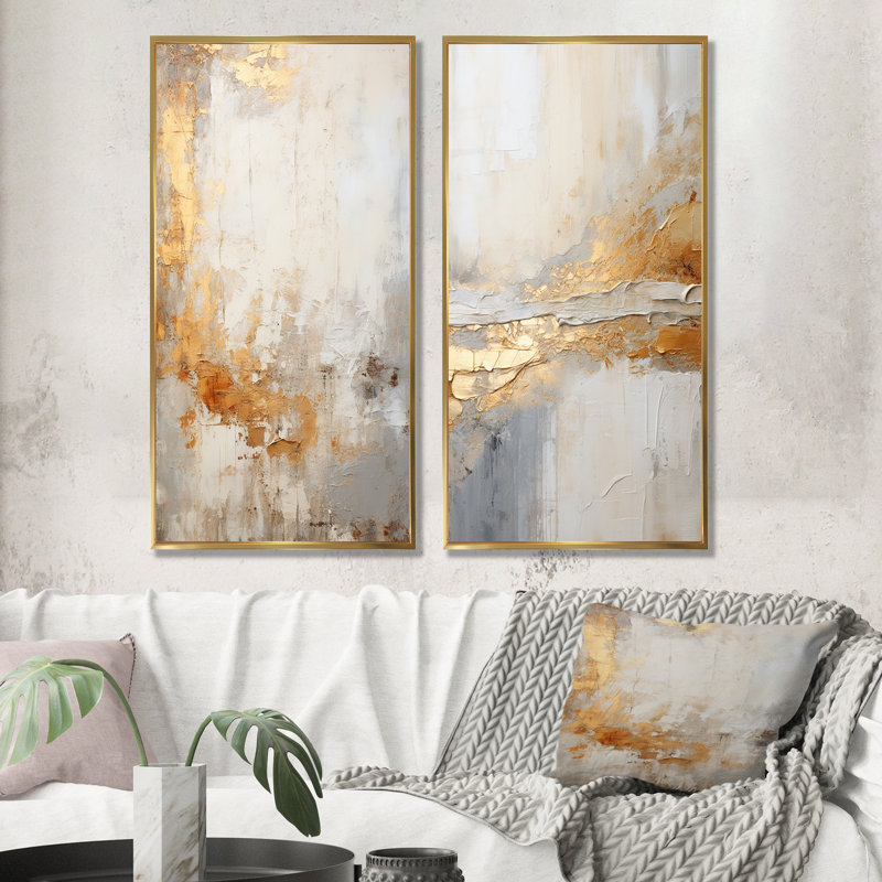 Fusion abstraite dorée et beige - ensemble de salon abstrait 2 pièces, Cadre flottant doré, H 32 po x l 33 po