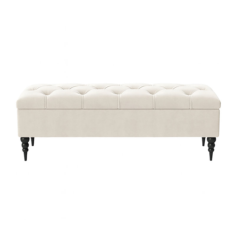 Safar Wide Tufted Rectangle Ottoman Storage Bench – Upholstery Plush Velvet Shoe Bench with Black Turned Wooden Legs, Cream