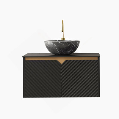Meuble-lavabo 30 po, meuble de rangement mural en contreplaqué flottant, portes doubles en sergé avec garniture en métal, vasque en céramique noire avec motif en pierre et plateau en pierre frittée noire