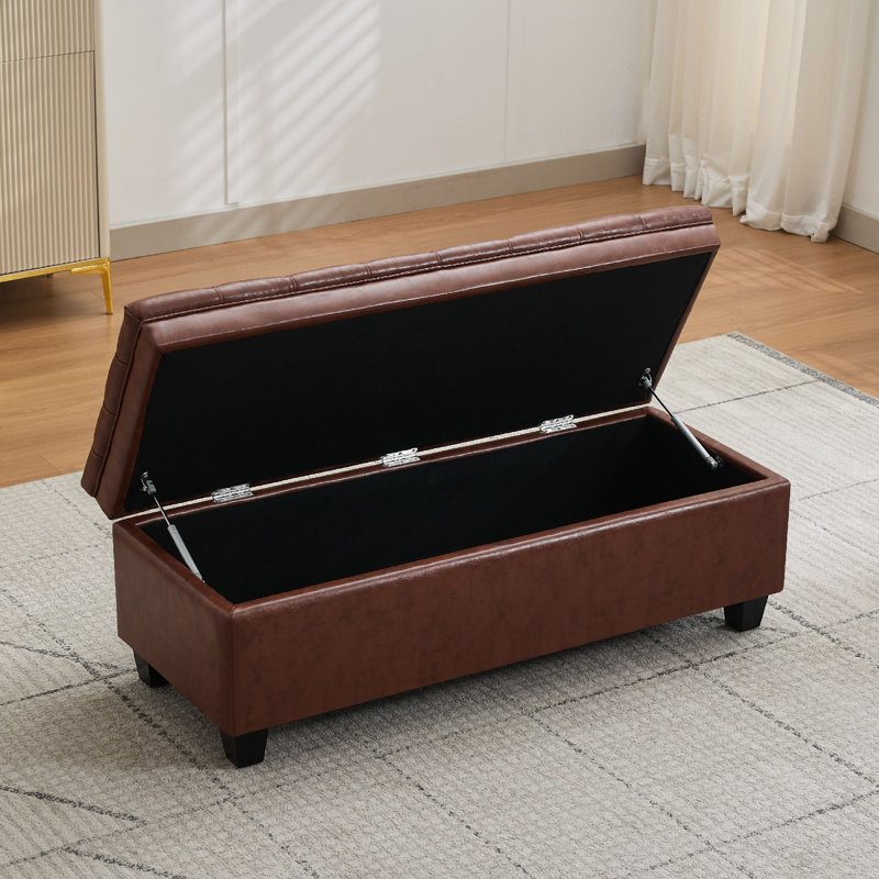 51" W Linen Upholstered Flip Top Storage Bench, Light Brown