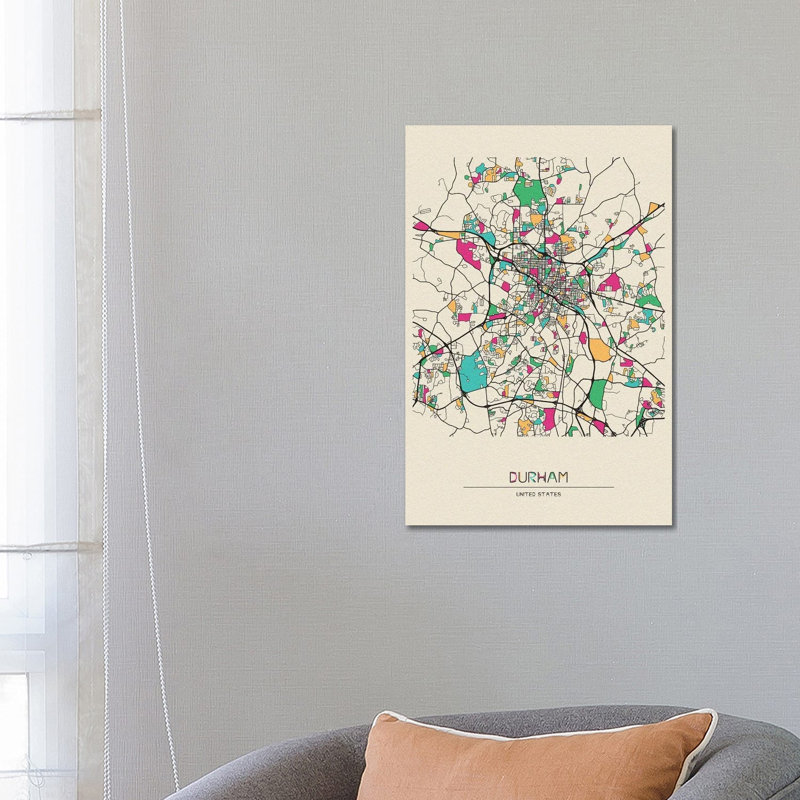 Durham, North Carolina Map 1 Piece Wrapped Canvas Wall Art, 66.04 cm H x 45.72 cm W x 1.91 cm D