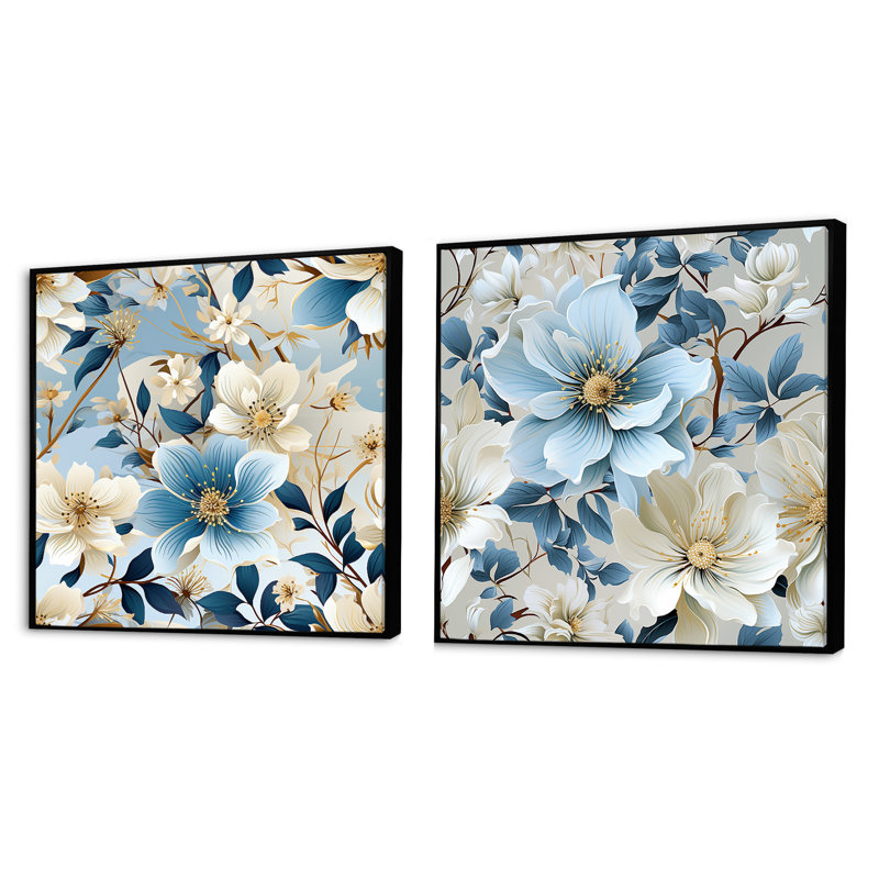 Gamache - Ensemble de 2 collages carrés floraux, Cadre flottant noir, H 16 po x l 33 po