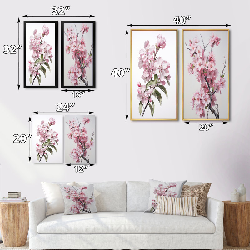 «Fleur de pommier monochromatique élégance XIII», 2 pièces sur toile, Encadrement doré, H 40 po x l 40 po