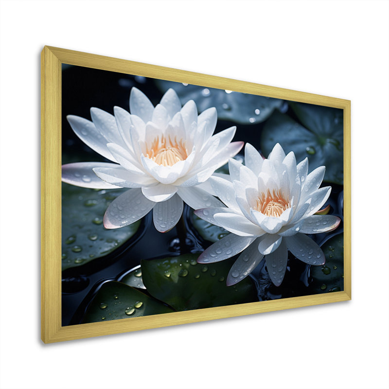 Champ de lotus blanc jaune II sur toile, Cadre doré simple, H 30 po x l 40 po x P 1,5 po