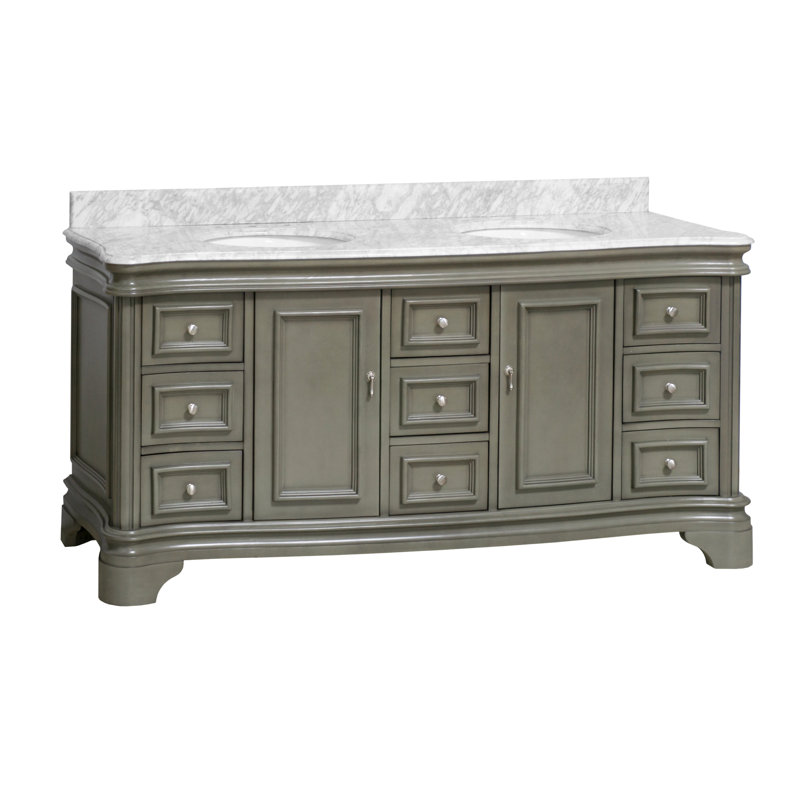 Ensemble de meuble-lavabo double 72 po Twain avec comptoir gris vieilli et comptoir en marbre de Carrare, Marbre de Carrare