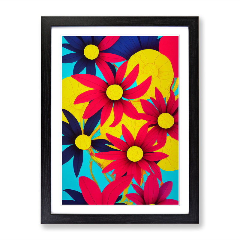 FRM-V0523-832X Floral Pop Art - Picture Frame Print, 64cm H x 46cm W, Black Framed
