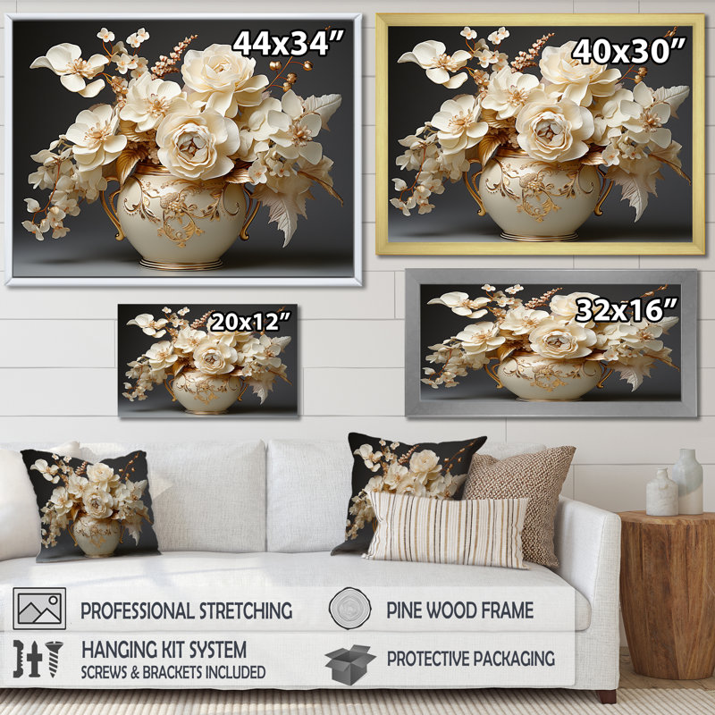Impression sur toile Baroque Hydrangea blanc et or VII - Hydrangea, Cadre doré simple, H 34 po x l 44 po x P 1,5 po