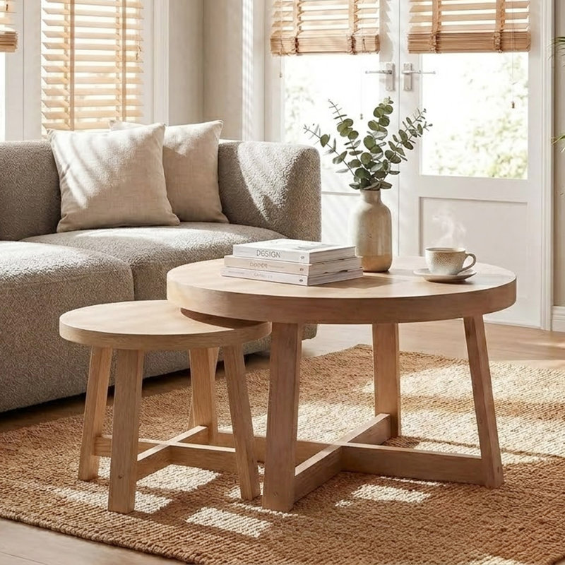 Ensemble de 2 tables basses rondes gigognes, Bois naturel