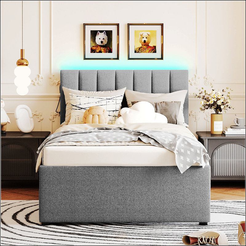 Lit plateforme tapissier simple avec lit gigogne Teddy