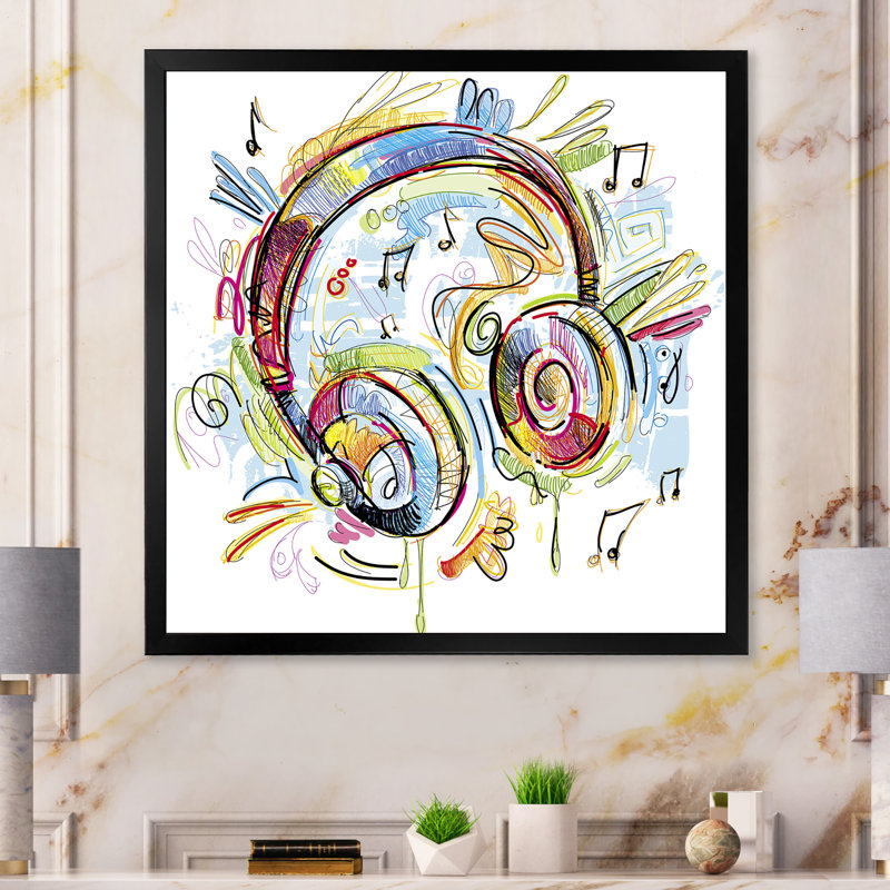 " Music Headphone Abstract Design ", Black Picture Frame, 16" H x 16" W x 1" D