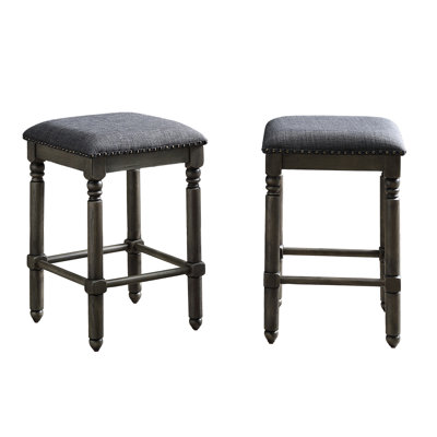 Tabouret de comptoir, gris (2), revêtu de tissu brun clair avec une tête de clou bronze, fait de bois d'hévéa massif et de contreplaqué, chic rustique, l 16 po x P 16 po, H 24,97 po