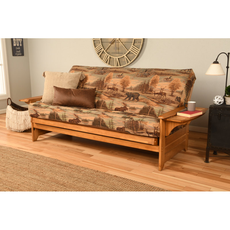 Johnte 82'' Wide Full Futon And Mattress, Butternut, Linen Stone Microsuede, Innerspring