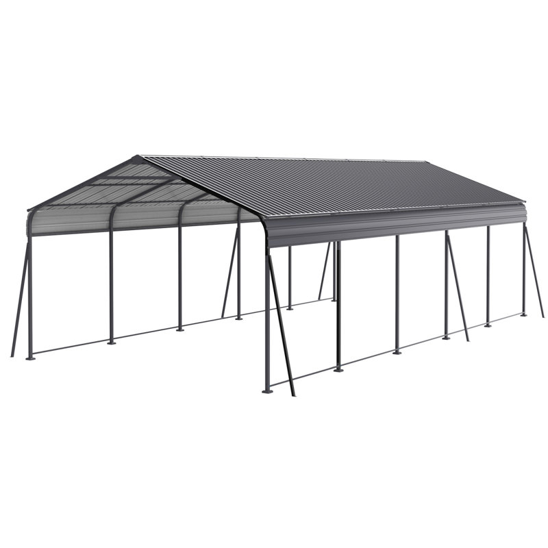 Metal Carport 26.5 FT Heavy Duty With Galvanized Steel Roof, Metal Garage Canopy With Galvanized Steel Roof & Frame, Car Tent Outdoor Storage Shed For Car, Boats And Truck, Gray