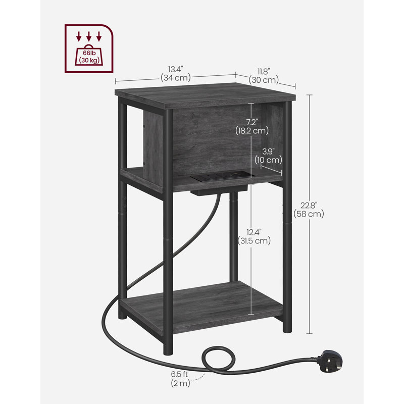 Alce End Table with Built-In Outlets, Charcoal Grey