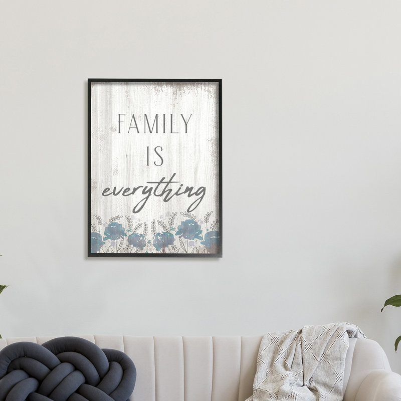 «Family Is Everything Sentiment», fleurs sauvages bleues, H 14 po x l 11 po, Giclée encadrée noir minuit
