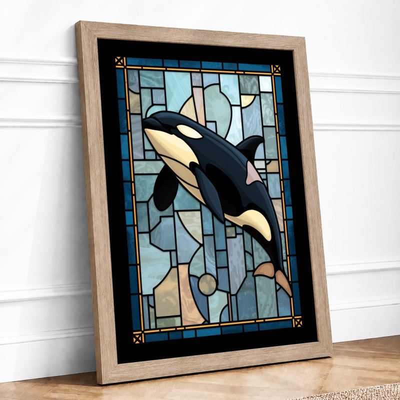 Stained Glass Orca Geometric - Framed Print, Oak, A4 - 29.7 x 21.0 cm