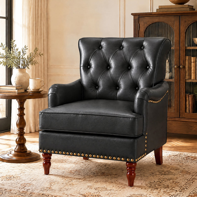 Fauteuil d'appoint capitonné en similicuir 29 po avec garniture cloutée, Noir, 1