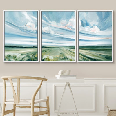 " Pastel Watercolor Sky Countryside Farmland Abstract Landscape Rustic Art Decor Scenic Bedroom " 3 Piece Art Print