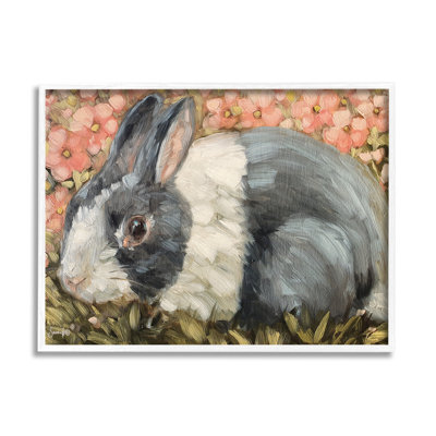 Lapin sauvage et prairie fleurie rose par Sara G. Designs - peinture sur bois à cadre flottant