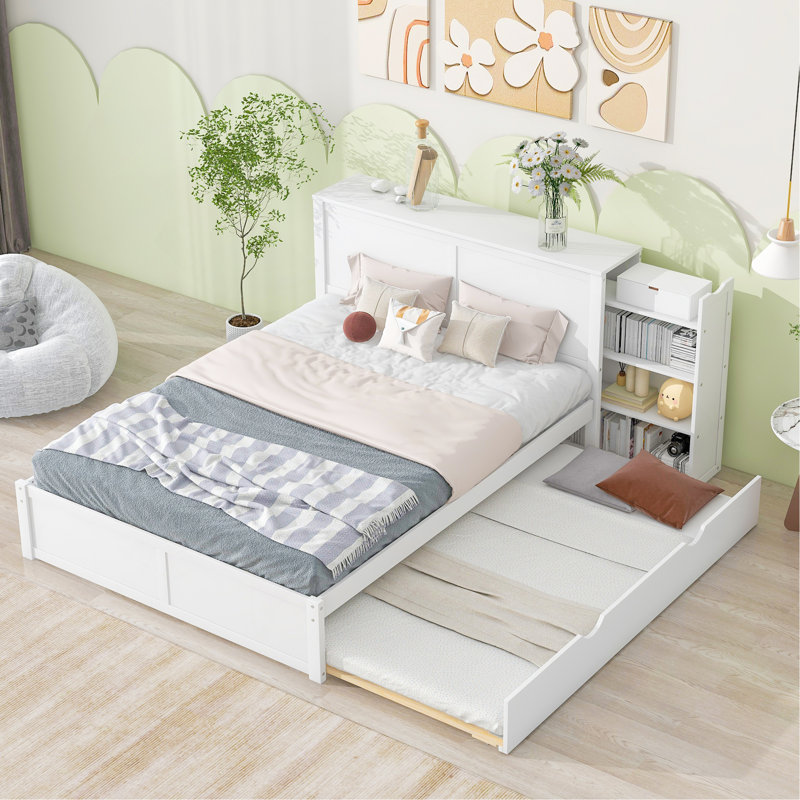 Grand lit plateforme avec rangement et tablettes gigognes TG, blanc