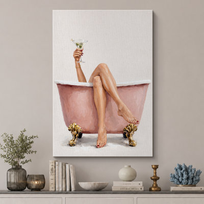 Œuvre rose, baignoire et martini glamour, images de salle d'eau, impression sur toile encadrée