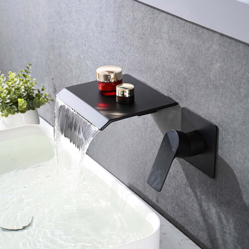 Robinet de lavabo de salle de bain mural à poignée simple avec valve brute, Noir mat