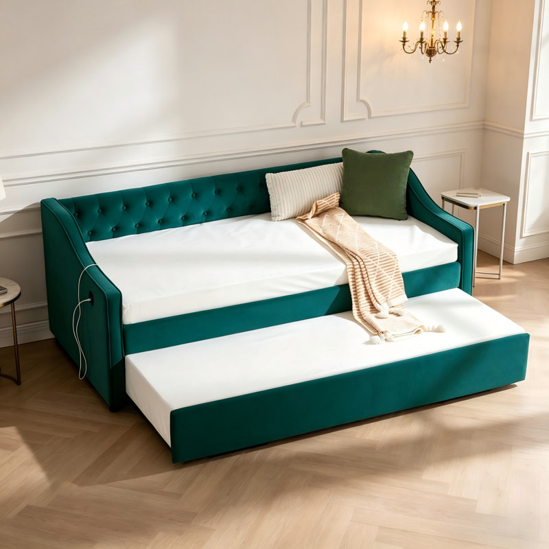 Twin Daybed With Trundle, USB Ports, Side Pockets, Velvet Upholstery, Green