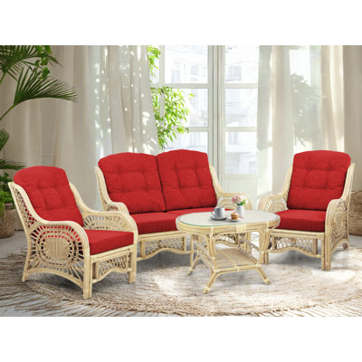 Ensemble de salon Malibu de 4: 2 chaises en osier de rotin naturel, causeuse et table basse avec verre fait à la main, couleur naturelle