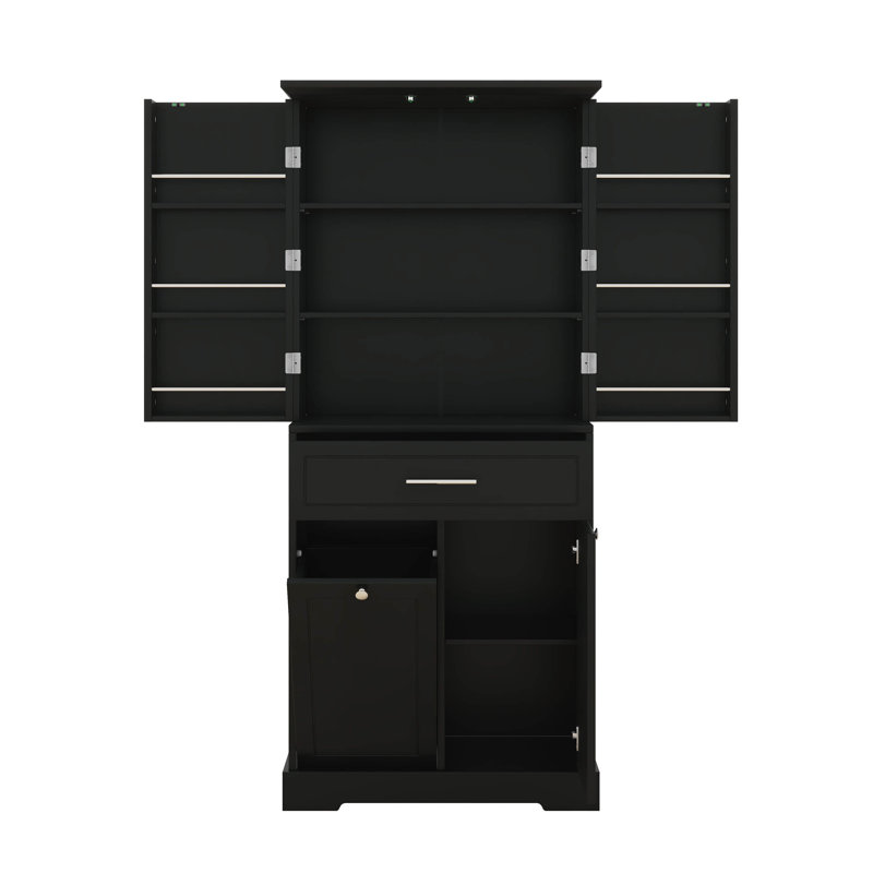 Armoire de salle de bain avec panier à linge caché, tiroir et 3 portes, armoire de salle de bain avec tablette réglable, Noir