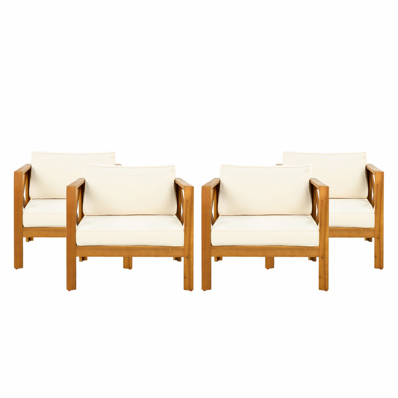 Outdoor Acacia Wood Club Wooden Armchair With Cushions (Set Of 4), Conversation Set,Suitable For Outdoor Gatherings,Teak Finish, Cushion