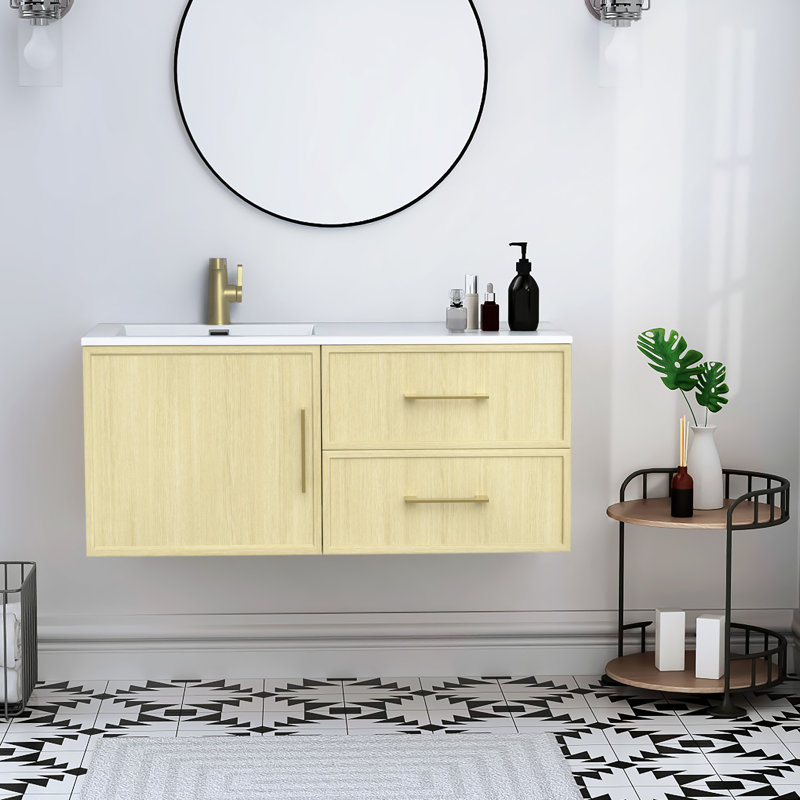 Razza 42" Single Wall Mounted Bathroom Vanity with Cultured Marble Top and Integrated Sink, Lago, Gold
