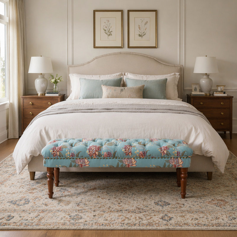Banc capitonné de style européen avec pieds tournés en bois, repose-pieds rembourré américain pour chambre à coucher et espace de vie principal