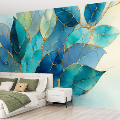 Papier peint adhésif pelez et collez feuille d'or floral bleu Boho aquarelle rétro feuilles branches art mural naturel auto-adhésif et amovible