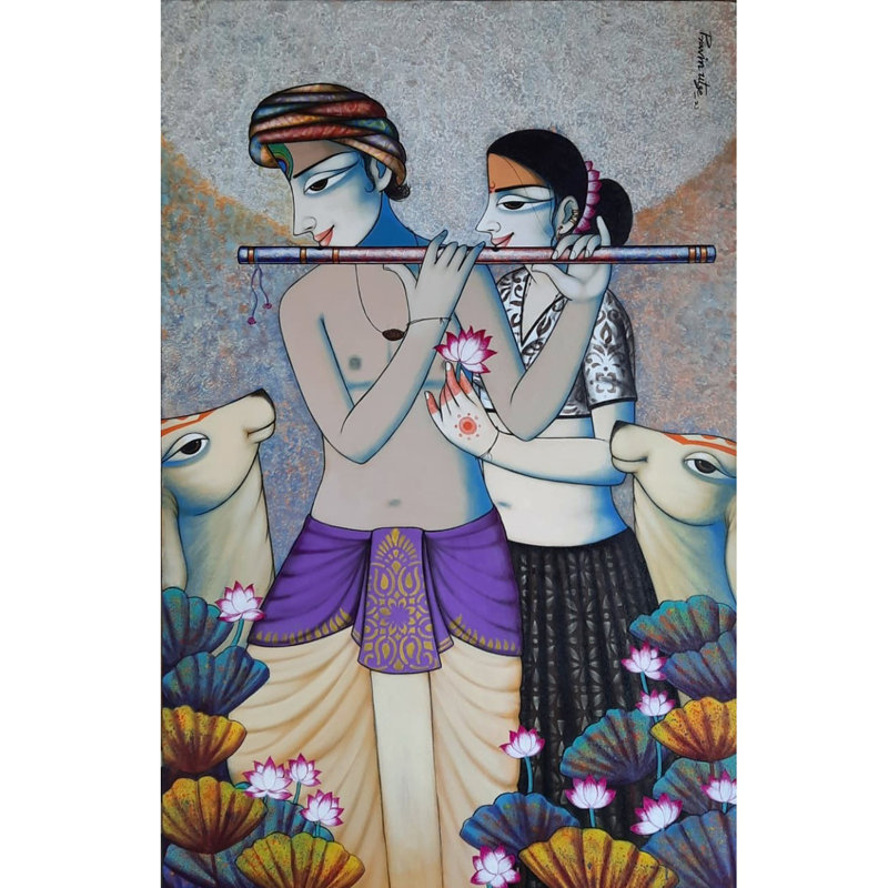 «Fluent Radha Krishna with Cow», peinture acrylique sur toile par Pravin Utge - Mythology de l'Hindou, art mural pour la décoration spirituelle bohème